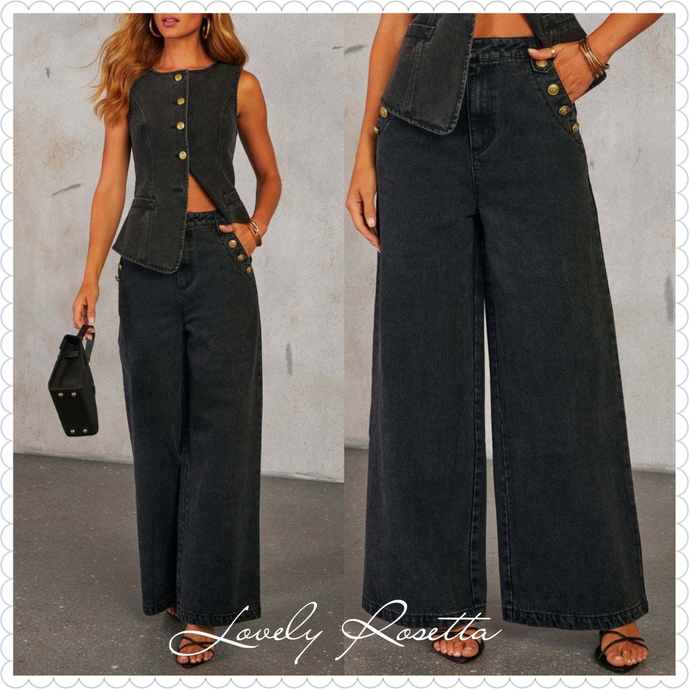 Classic Button Accent High Waist Wide Leg Jeans - Picture 7 of 13